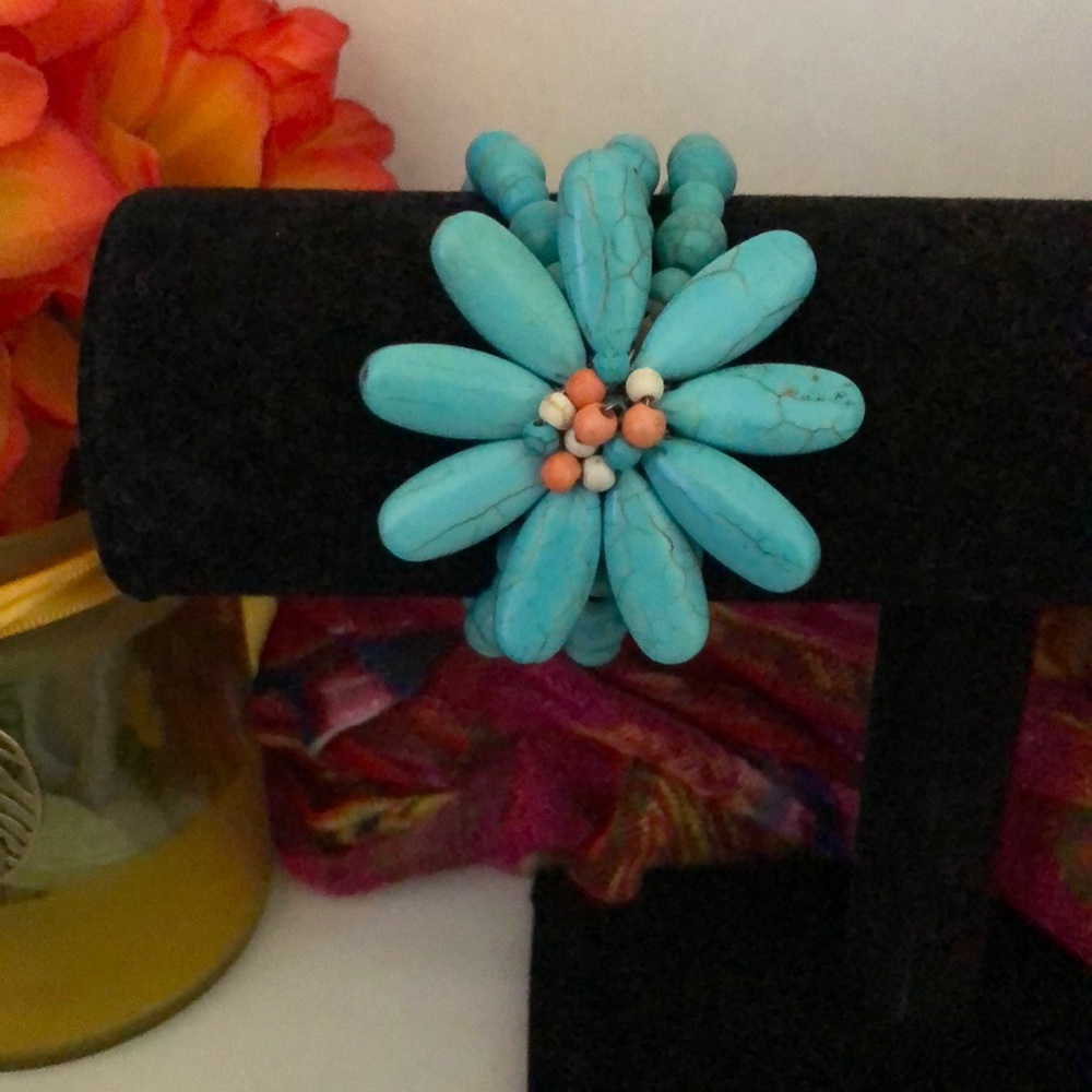 Turquoise, Jade, and Coral stretch bracelet.